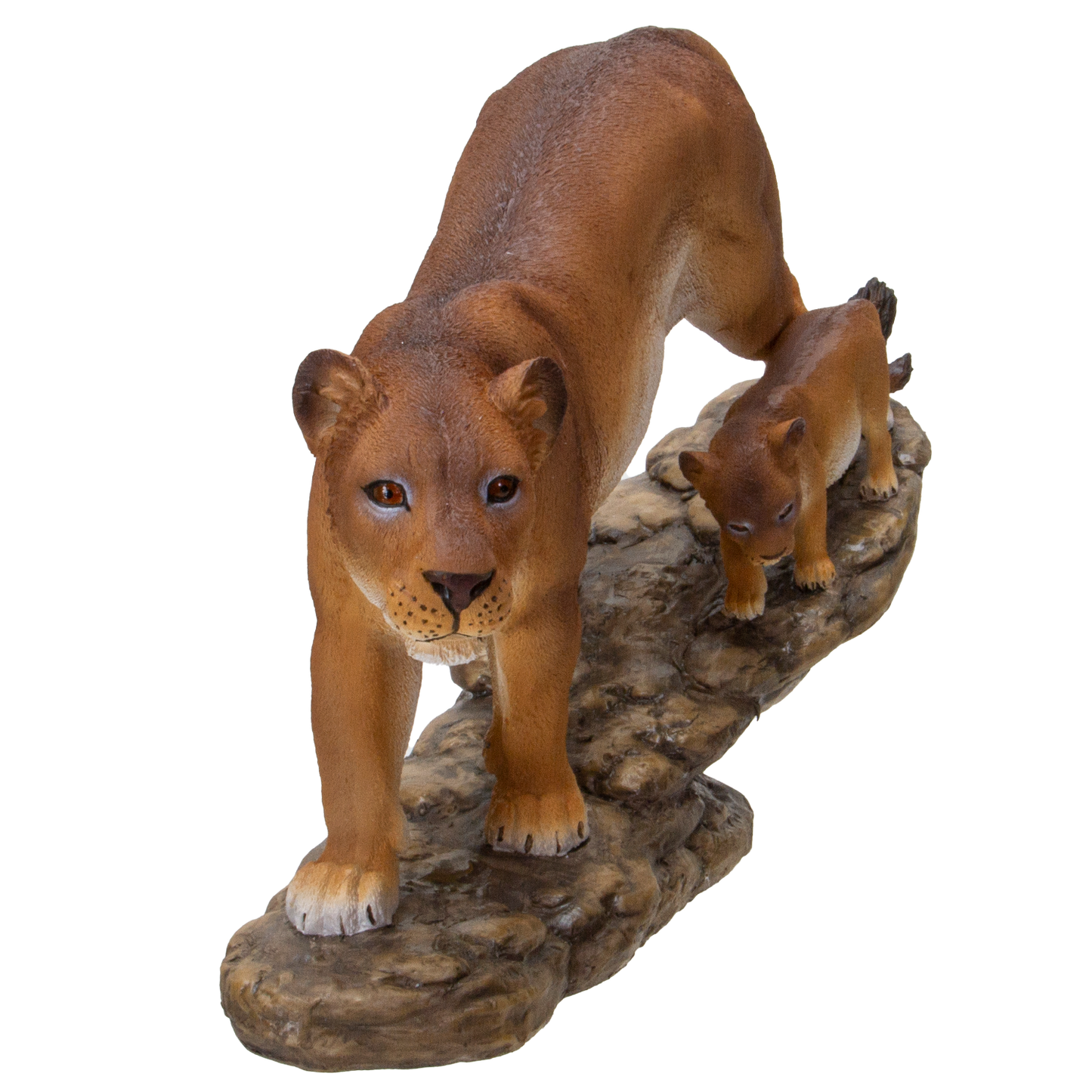 Realistic Lioness with Little Cub perching on tree branch Wildlife Resin Figurine Statue