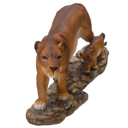 Realistic Lioness with Little Cub perching on tree branch Wildlife Resin Figurine Statue