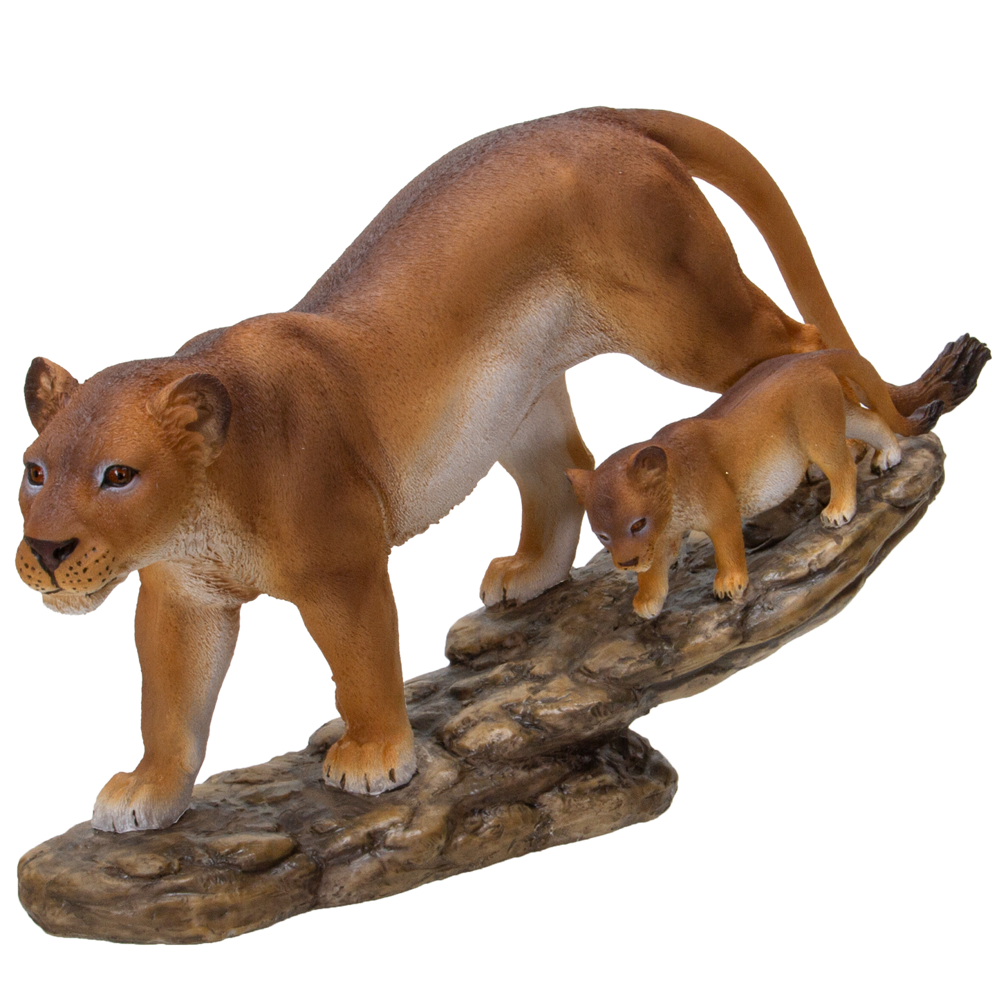 Realistic Lioness with Little Cub perching on tree branch Wildlife Resin Figurine Statue