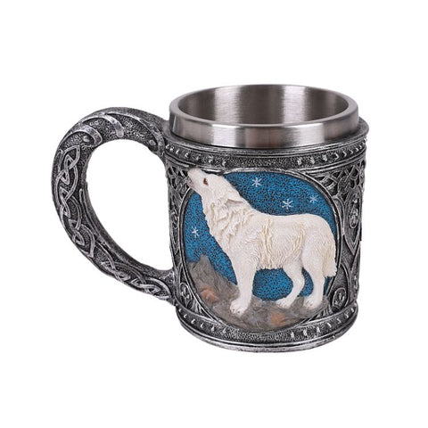 Celtic White Wolf Rhinestone Figurine Drinking Mug