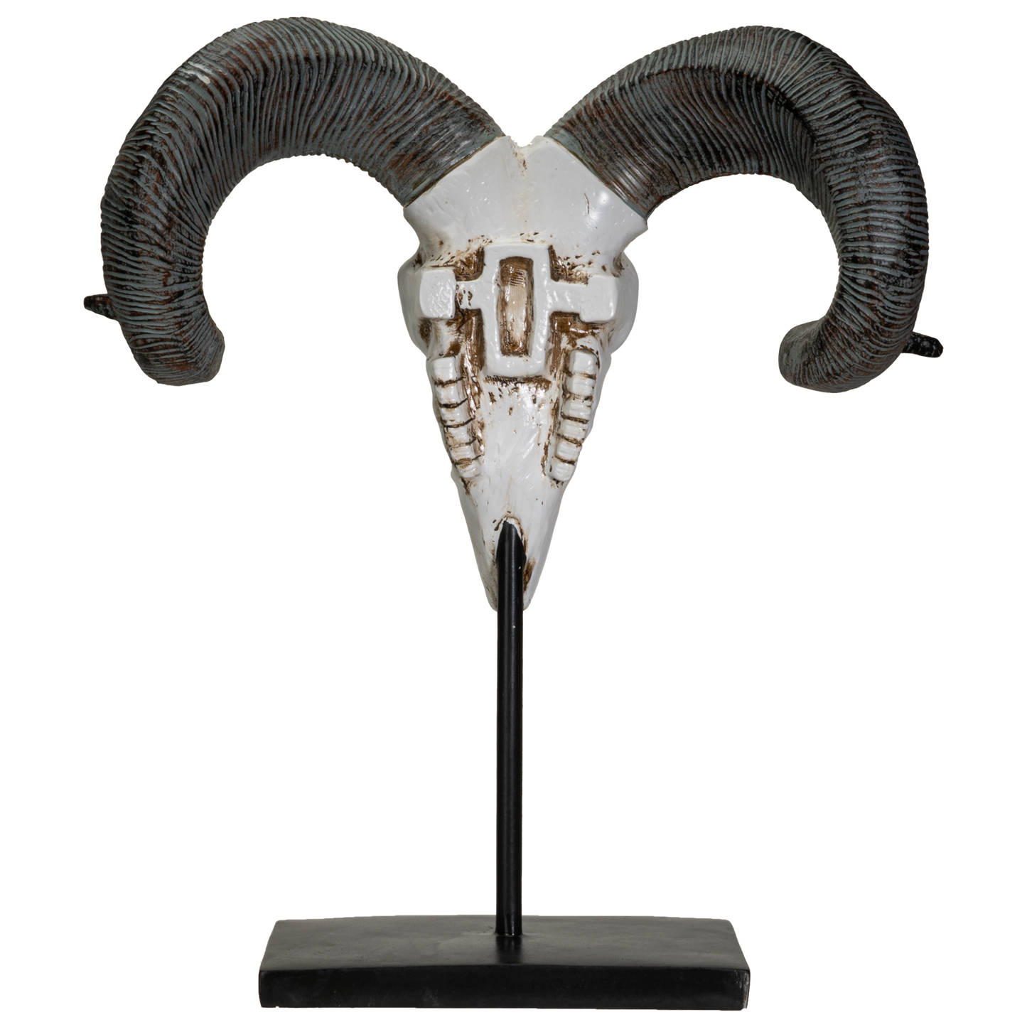 Polystone Corsican Ram Skull with Horns on Metal Stand Home Decorative Accent Faux Taxidermy Animal 29.5 in