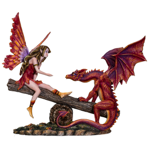 FairyTate Fairy Red Dragon on the Seesaw Decorative Resin Collectible Figurine Statue