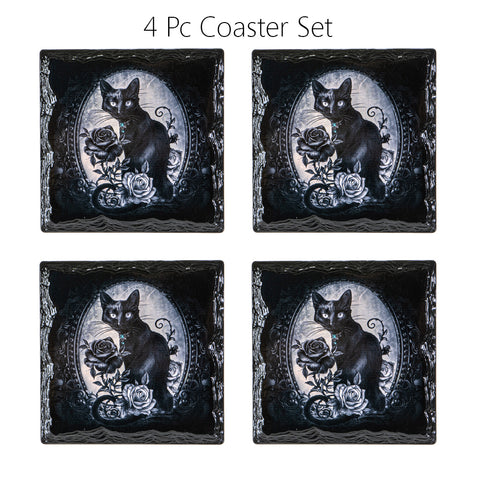 Black Cat Roses Slate Ceramic Coaster With Cork Backing Set of 4