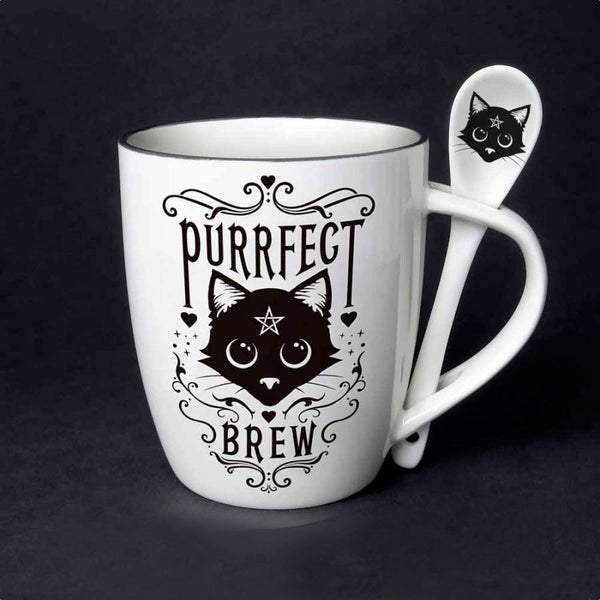 Sacred Cat Purrfect Brew Ceramic Mug and Spoon Set by Alchemy England
