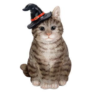 Gray Tabby Cat with Wizard Witches Hat Collectible Home Decor Figurine