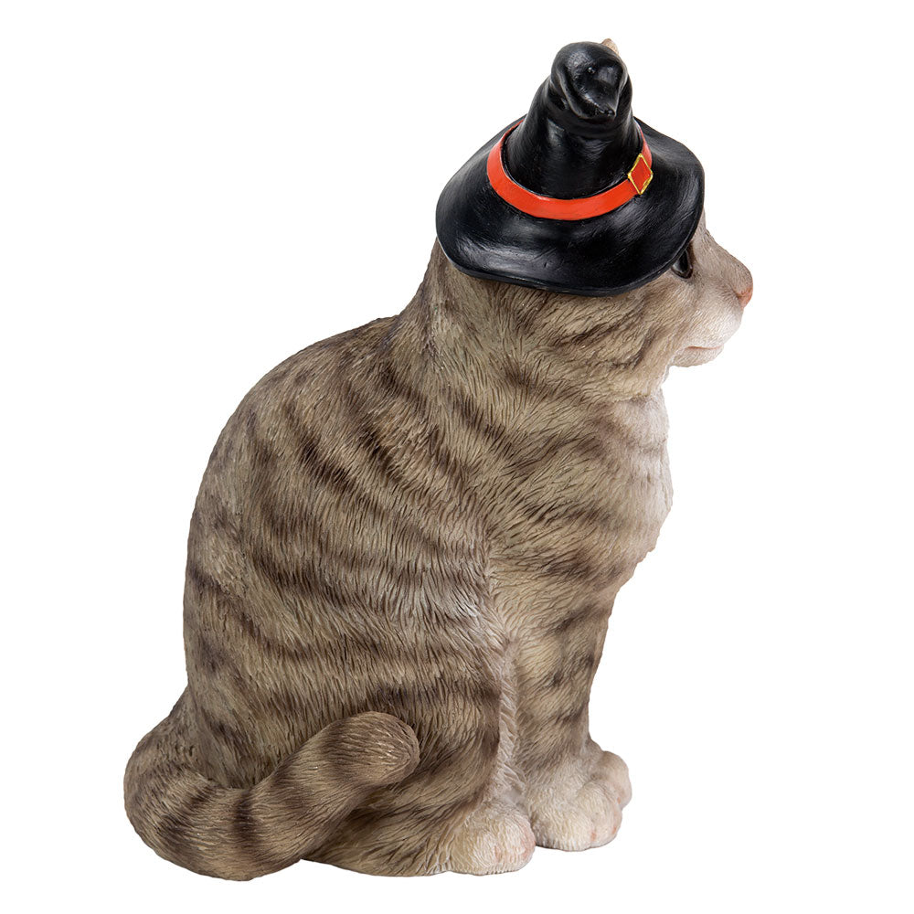 Gray Tabby Cat with Wizard Witches Hat Collectible Home Decor Figurine