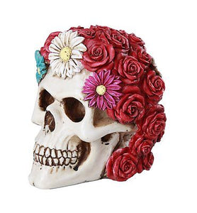 Floral Red Rose Skull Eternal Love Skull Collectible Figurine 5"Love Tribute