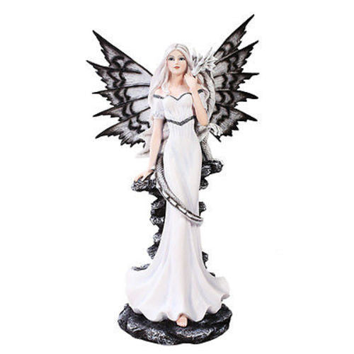 Large 21" White Night Fairy Standing With White Dragon Statue