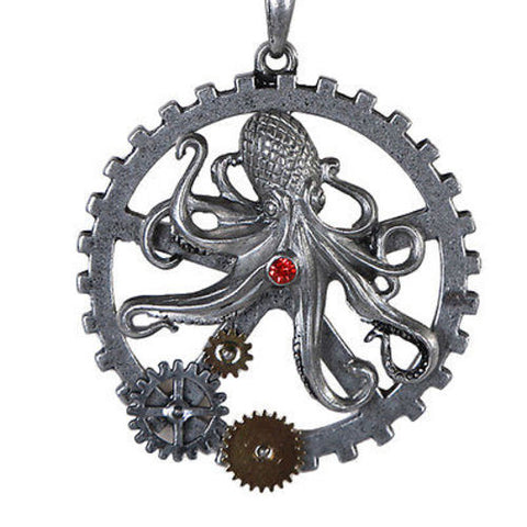 Steampunk Deep Sea Octopus Round Gearwork Necklace Red Stone Jewelry