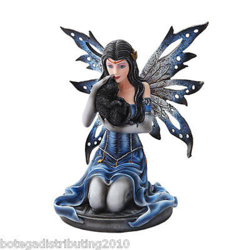 Black Cat Lover Blue Fairy Statue Mystical Home Decor Figurine