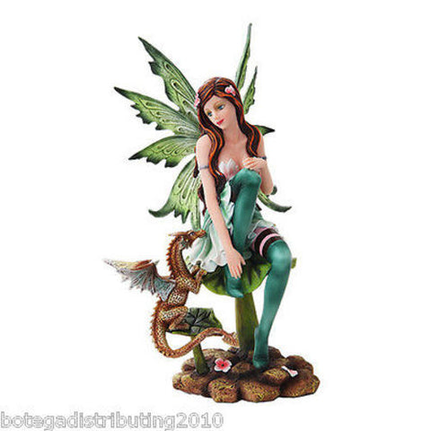 10" FAIRYLAND GREEN SITTING FAIRY ON LEAF WITH TIGER DRAGON FIGURINE