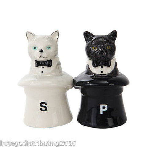 Ceramic Cat In the Hat Magnetic Salt and Pepper Shaker Magic Hat Gato Magico