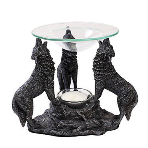 Howling Wolves Tea Light Oil Burner Diffuser Statue Protector Guardian Campfire Wolf