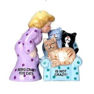 Crazy for Cats Lady Ceramic Magnetic Salt and Pepper Shaker Set