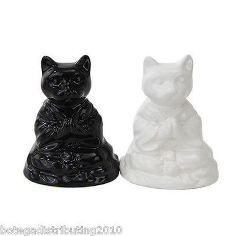 Ceramic Black White Buddha Cat Magnetic Salt and Pepper Shaker