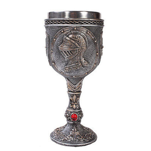Medieval Knight Wine Goblet Stainless Steel Rim Red Gem