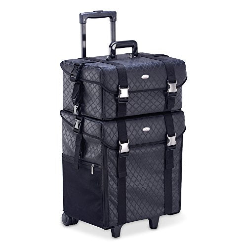 Professional Makeup Artist 2 in 1 Rolling Makeup Train Case Cosmetic Organizer Soft Trolley w/ Storage Drawers & Metal Buckles Faux Quilted Leather