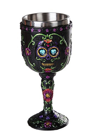 Day of the Dead Celebration Black Sugar Skull Floral Design Collectible Wine Goblet 7oz
