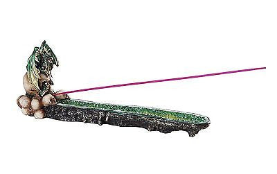 Green Dragon on Skull Gemstone Quartz Stick Incense Burner Medieval Fantasy 10.7
