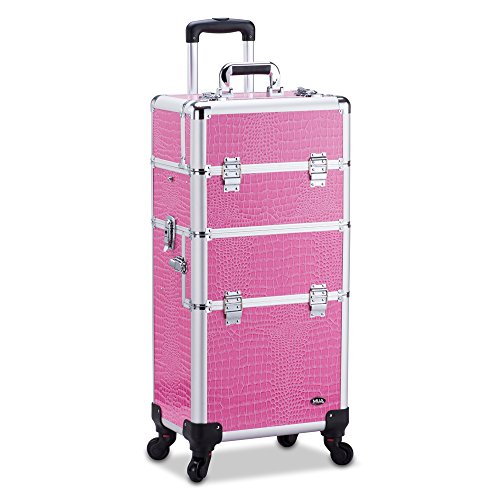 Professional Makeup Artist 2 in 1 Rolling Makeup Train Case Cosmetic Organizer with Easy Slide Extendable Storage Trays and Removable Trays