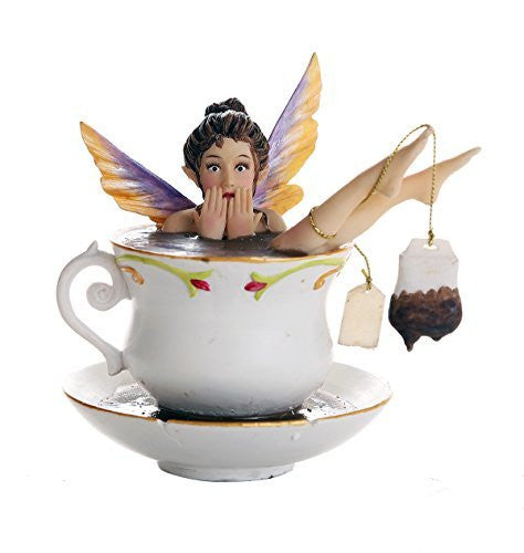 Whimsical Fairy Enjoying Bath In Tea Cup Collectible Figurine 5.75H