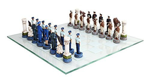 US Air Force vs Marines Military Chess Set Hand Painted with Glass Board