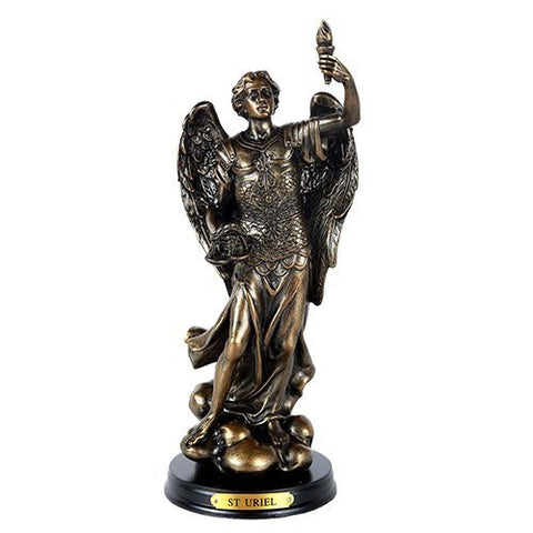 St. Uriel Archangel of Light and Wisdom Figurine 8 Inch Tall Wooden Base with Brass Name Plate
