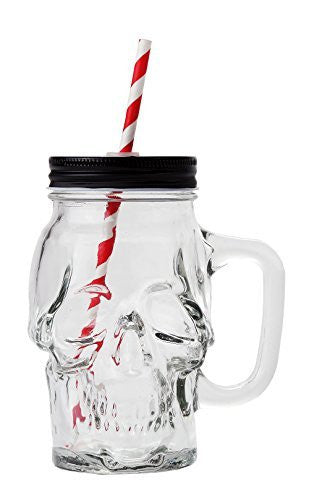 Novelty Glass Skull Face Drinking Mug Mason Jar with Glass Handles 18oz with Lid and Straw