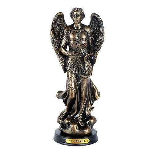 St. Gabriel Archangel Messenger from God Figurine 8 Inch Tall Wooden Base with Brass Name Plate