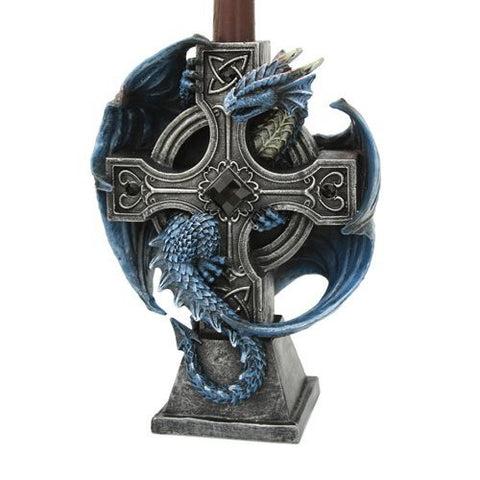 Altar Drake Crucifix Blue Mystic Dragon Candle Holder Stand Sculptural Home Decor 7 Inch Tall