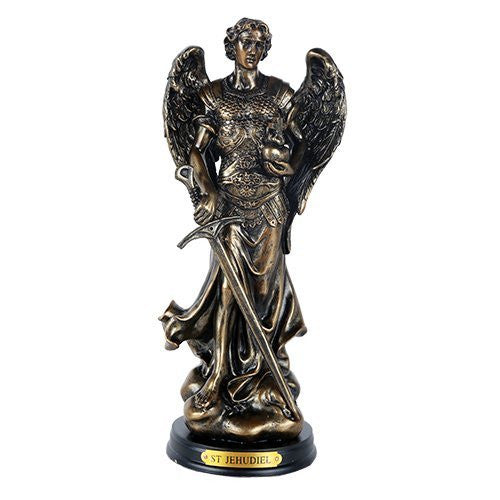 St Jehudiel Carrying Crown of Salvation Figurine 8 Inch Tall Wooden Base with Brass Name Plate