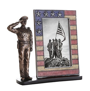 Police Officer Cast Bronze Men In Blue Salute Stars and Stripes Honoring America's Finest Desktop Sculptural Photo Frame