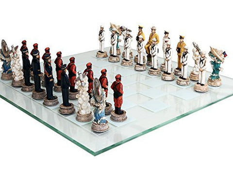 World War 2 Themed Battle of Pearl Harbor Chess Set US vs Japan Hand Painted with Glass Board