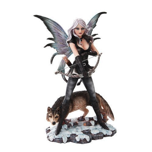 10 Inch Warrior Winged Fairy with Wolf and Bow Statue Figurine