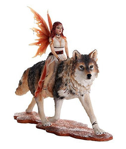 Decorative Companion Fairy Admina with Red Wolf Collectible Decorative Statue 8H