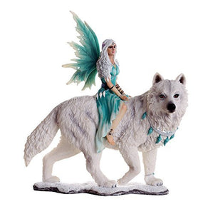 Decorative Companion Fairy Aneira with White Wolf Collectible Decorative Statue 8H