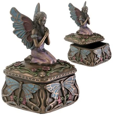Art Nouveau Kneeling Fairy Jewelry Box with Dragonfly and Blooming Flower Decorations