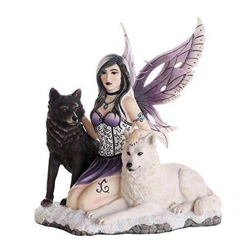 Companion Fairy Ebondy and Ivory Wolves Fairy Collectible Decorative Statue 11H