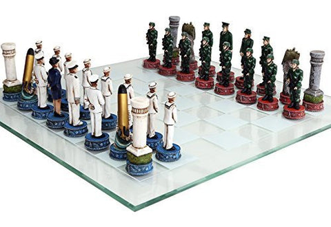 US Army vs Navy Military Chess Set Hand Painted with Glass Board