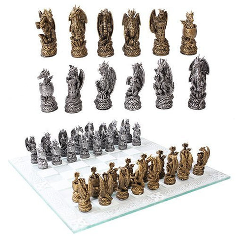 Gold Silver Dragon Kingdom Chess Set With Glass Board Set