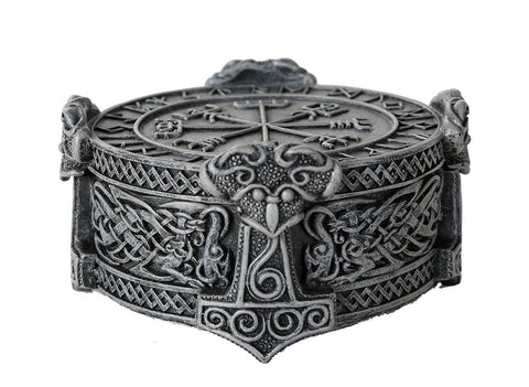 Norse Viking Vegviser Runic Compass Knotwork Thor Hammer Trinket Box Sculptural