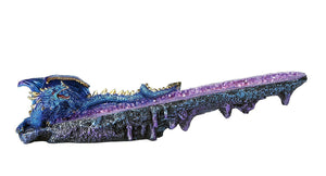 Blue Dragon on Amethyst Gemstone Quartz Stick Incense Burner Medieval Fantasy
