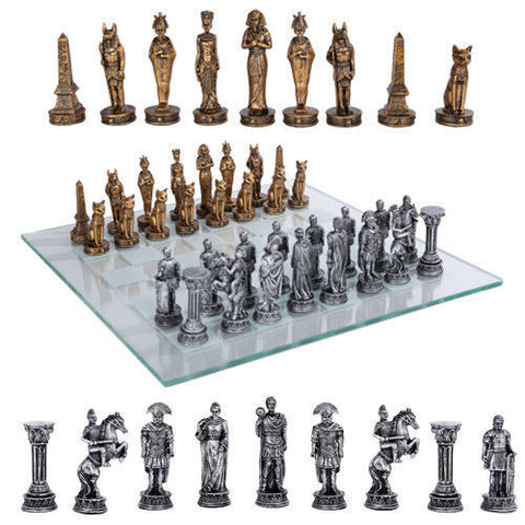Gold Silver Roman Vs Egyptians Chess Set With Glass Board