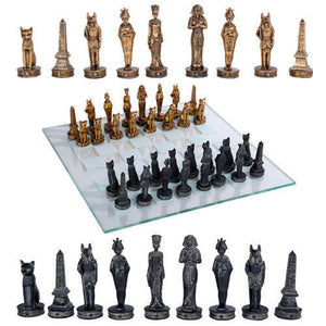 Egyptians God and Goddess Chess Set With Glass Board Black Gold
