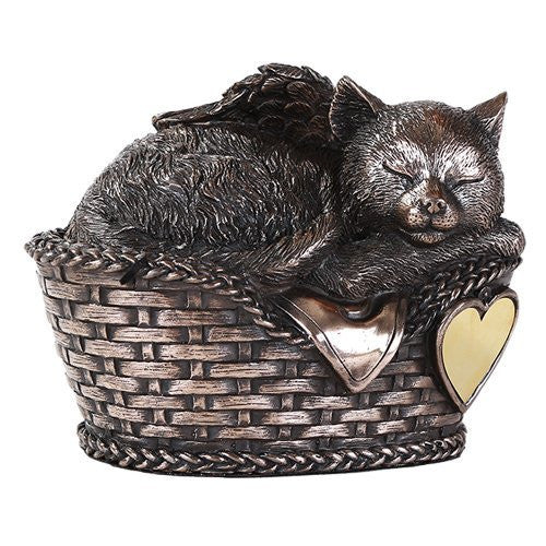 Pet Memorial Angel Cat Sleeping In Basket Cremation Urn Bronze Finish Bottom Load 30 Cubic Inch