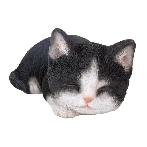 Realistic Black and White Cat Kitten Sleeping Collectible Glass Eyes Resin Life Size 7 inch Figurine
