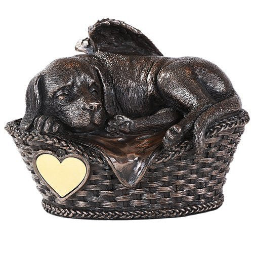 Pet Memorial Angel Dog Sleeping In Basket Cremation Urn Bronze Finish Bottom Load 45 Cubic Inch