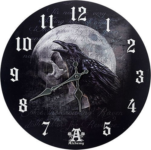 Poe's Raven's Skull Curse Wall Clock By Alchemy Gothic Round Plate 13.5"D