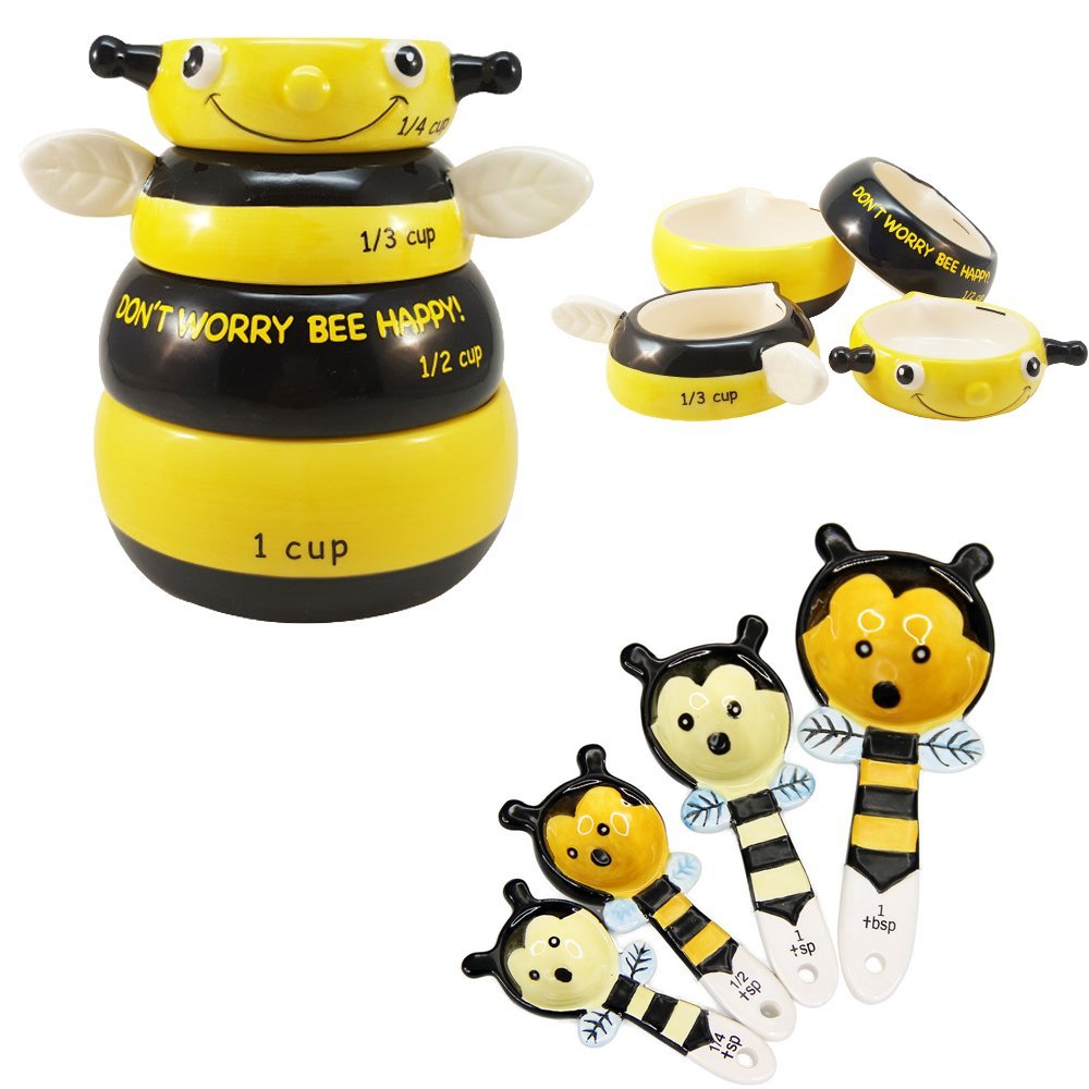 Happy Bee Ceramic Measuring Cup and Spoon Set Kitchen Decor