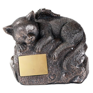 Pet Memorial Angel Cat Sleeping Cremation Urn Bronze Finish Bottom Load 30 Cubic Inch